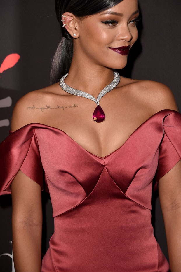 BEVERLY HILLS, CA - DECEMBER 11: Recording artist Rihanna (jewelry detail) attends Rihanna's 1st Annual Diamond Ball Benefitting The Clara Lionel Foundation (CLF) at The Vineyard on December 11, 2014 in Beverly Hills, California. (Photo by Jason Merritt/Getty Images)