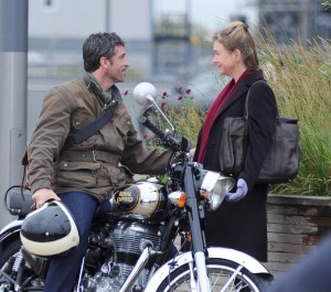Renee Zellweger, Patrick Dempsey and Colin Firth shooting scenes with a motorbike for the new Bridget Jones movie at London Stratford Oylimpic Park, Renee almost falls over in between takes. Patrick and Renee share a kiss while shooting Pictured: Renee Zellweger, Patrick Dempsey and Colin Firth Ref: SPL1170979  061115   Picture by: KP Pictures / Splash News Splash News and Pictures Los Angeles:310-821-2666 New York:212-619-2666 London:870-934-2666 photodesk@splashnews.com 