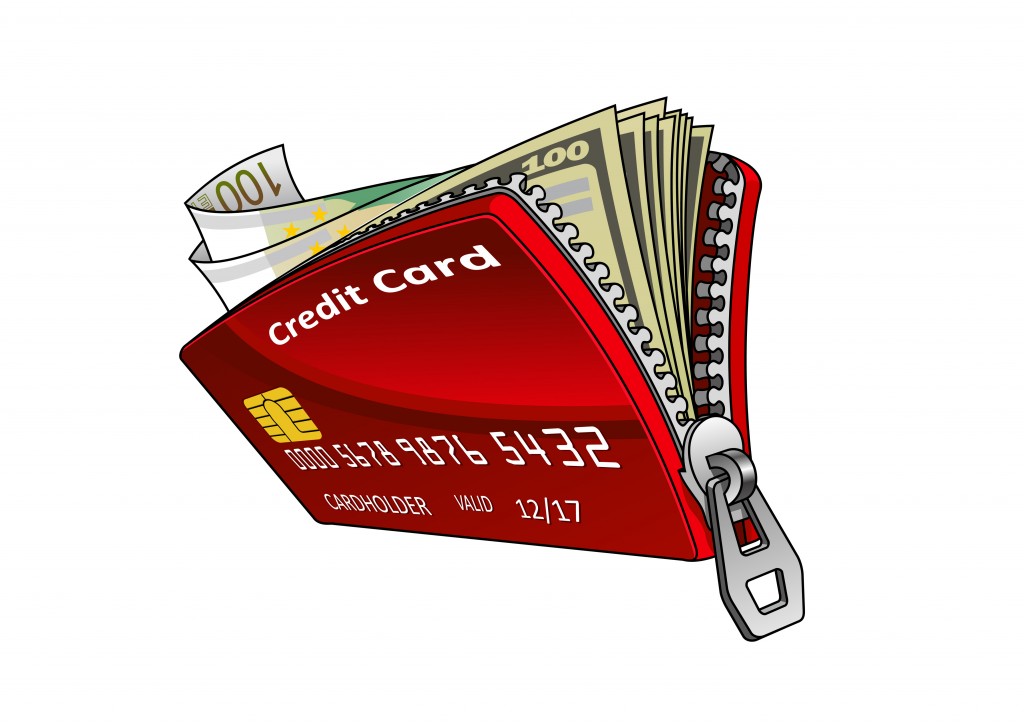 Red credit card as wallet with open zipper and dollar and euro bills inside. Finance, banking, shopping or credit concept usage