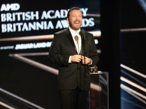 BEVERLY HILLS, CA - OCTOBER 28:  Honoree Ricky Gervais accepts the Charlie Chaplin Britannia Award for Excellence in Comedy onstage during the 2016 AMD British Academy Britannia Awards presented by Jaguar Land Rover and American Airlines at The Beverly Hilton Hotel on October 28, 2016 in Beverly Hills, California.  (Photo by Frederick M. Brown/Getty Images)