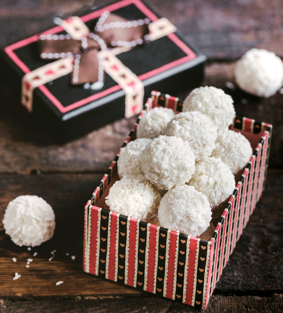 Sweet pralines in the box as present,selective focus and blank space