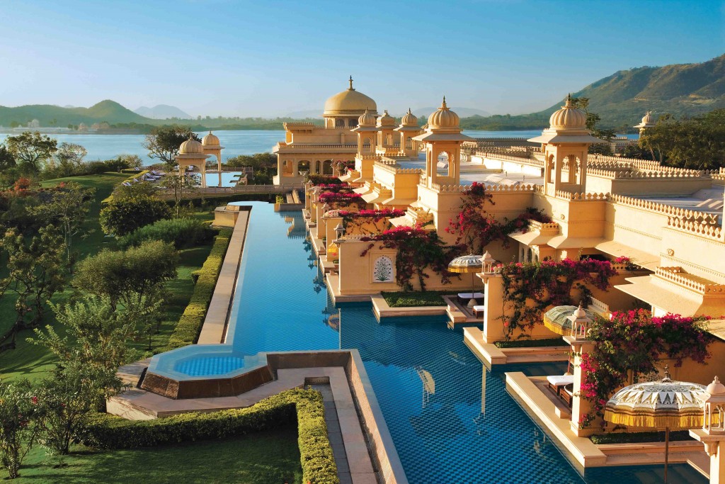 Sunrise over the deluxe rooms with semi private pool at the ultra luxurious Udaivil‚s Oberoi Hotel. Udaipur. This hotel has been voted the 3rd best hotel in the world by Travel and Leisure Magazine. India.