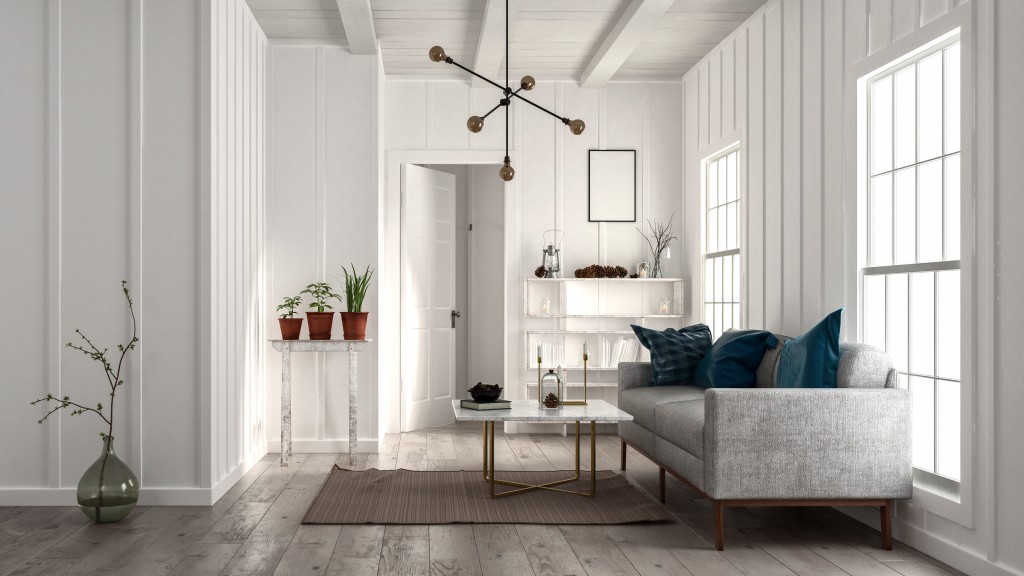 Living room in minimalist design with white walls and ceiling, sofa near bright windows, modern designer lamp and decorative plants in pots and vases. 3d rendering