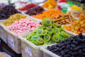 variation of dried fruit on market closeup