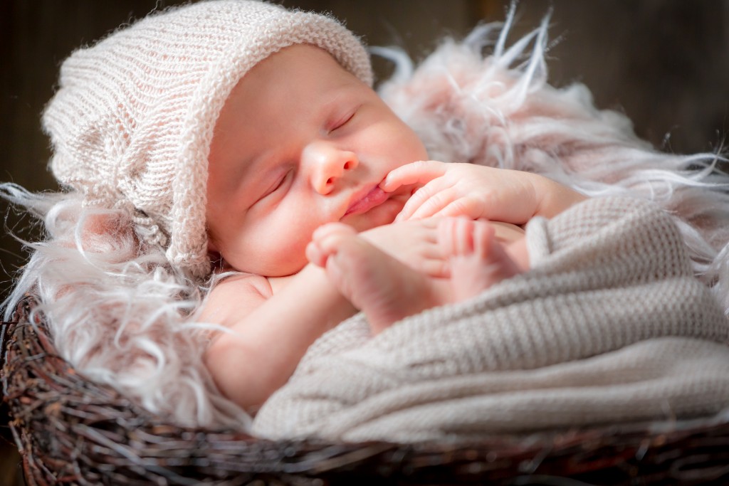 Adorable newborn infant sleeping in the basket