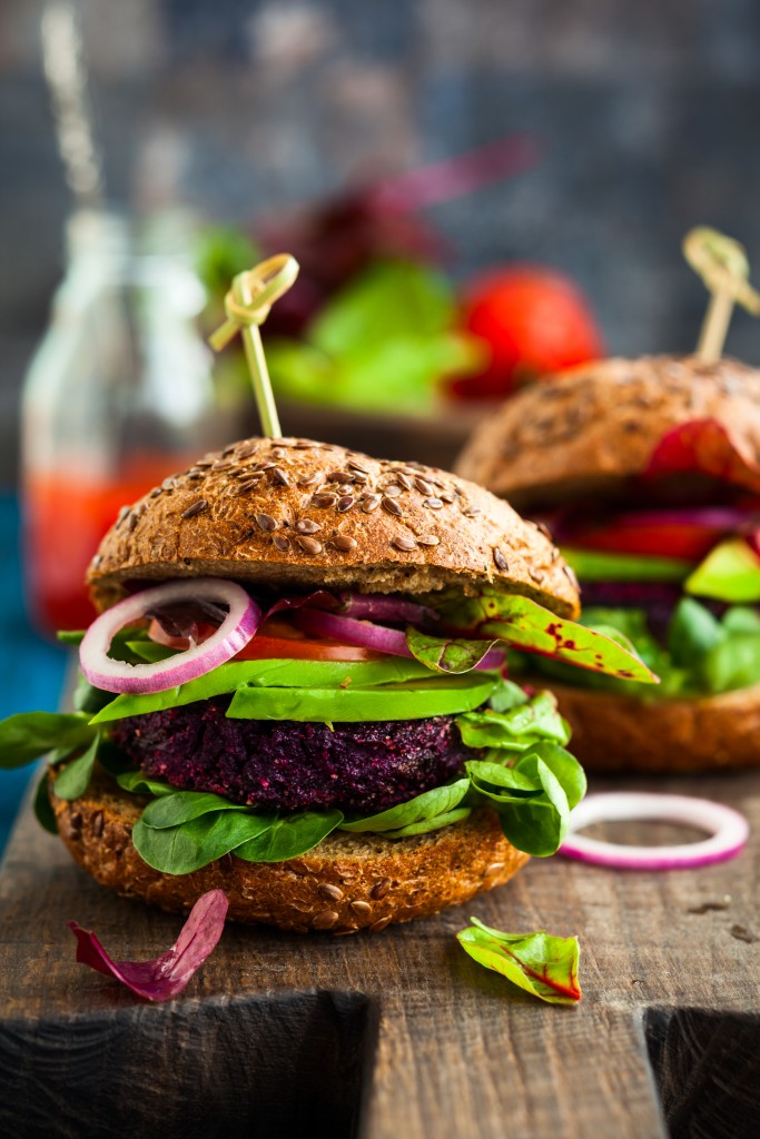 Veggie beet and quinoa burger with avocado